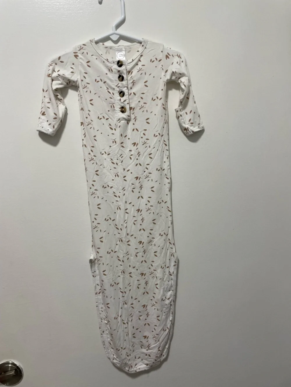 Lou Lou Neutral Leaf Print Baby Gown with Button Front